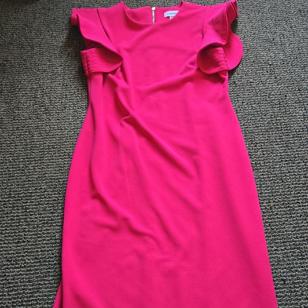 Calvin Klein Hot Pink Ruffle Sleeve Body Con Business Causal Dress Midi